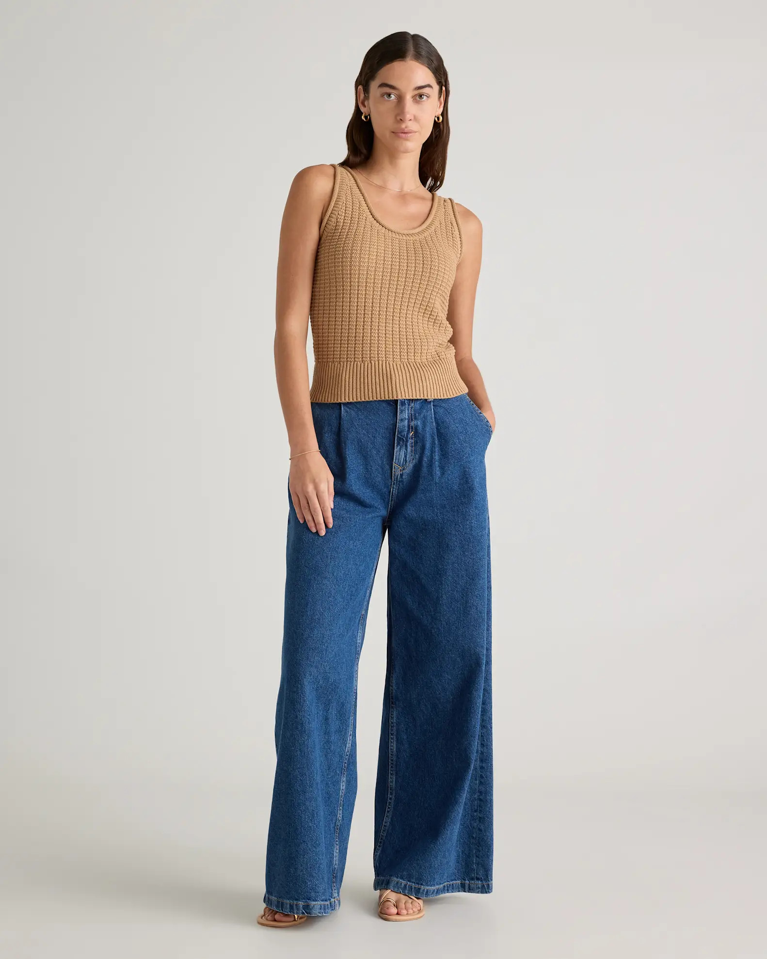 100% Organic Cotton Waffle Cropped Sweater Tank in Camel | Quince