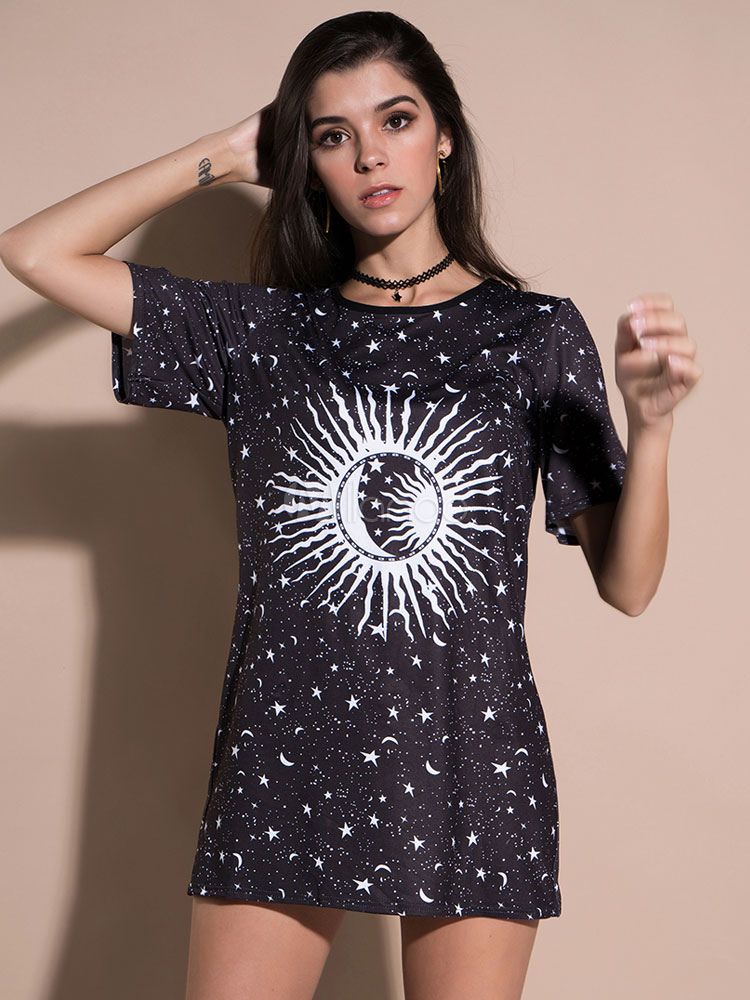 Black T Shirt Dress Short Sleeve Round Neck Stars Print Summer Mini Dress | Milanoo