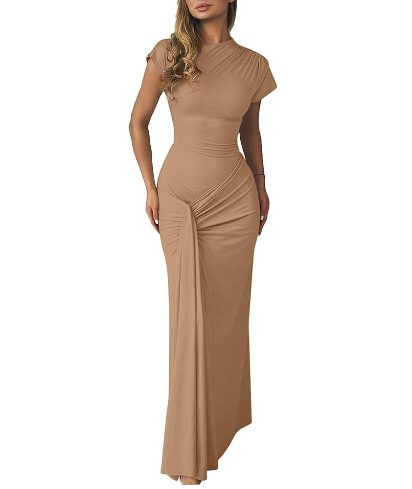 Mojessy Women Bodycon Maxi Dress Sexy Mock Neck Lace Up Bandage Ruched Short Sleeve Long Dress Co... | Amazon (US)