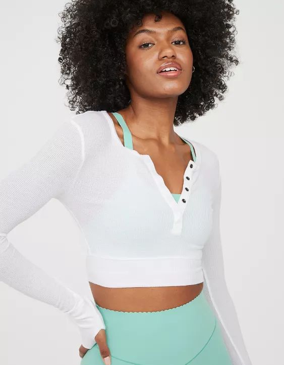 OFFLINE By Aerie Thumbs Up Waffle Henley Cropped T-Shirt | Aerie