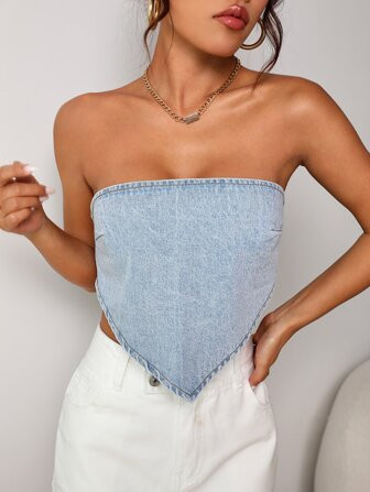 SHEIN EZwear Hanky Hem Denim Tube Top | SHEIN