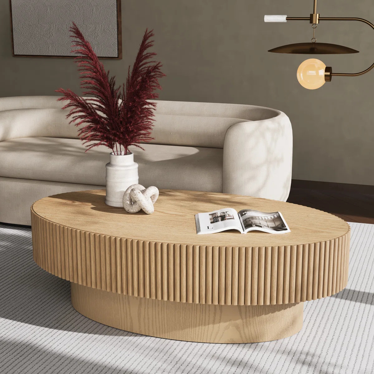 Alethia 44'' Handcrafted Oval Coffee Table – Fluted Solid Wood Design in Red Oak & White Ash | Wayfair North America