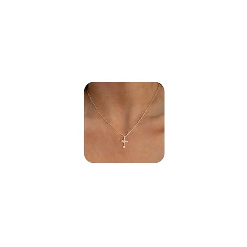 KICKGY Gold Necklace for Women, 14K Gold Plated CZ Cross Charm Necklace Cute Gold Cross Necklace Aesthetic Gold Cross Pendant Simple Religious Gifts for Women Preppy Trendy Jewelry | Amazon (US)