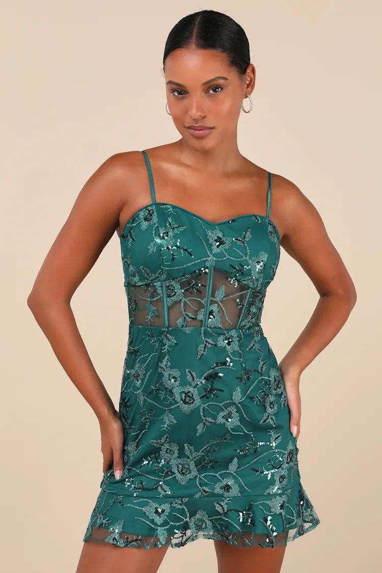 Glittering Delight Emerald Mesh Sequin Embroidered Mini Dress | Lulus