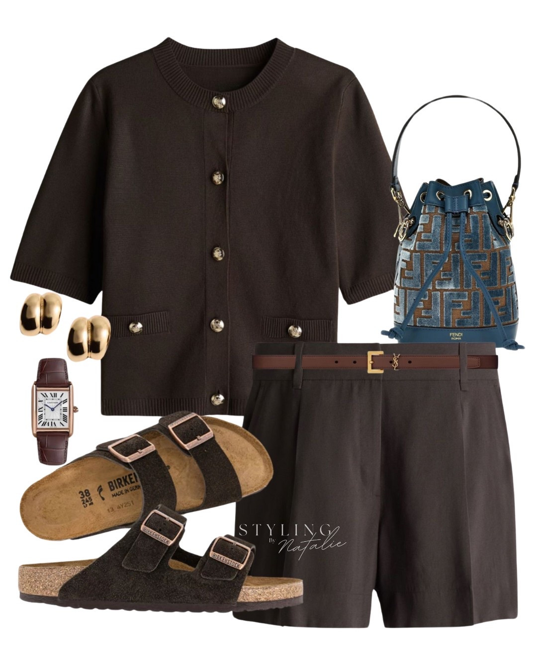 Brown outfit 🤎
Tailored shorts, brown shirt sleeve cardigan, Fendi bucket bag, Birkenstock sandals, YSL belt, gold earrings. Casual chic, smart casual summer outfit, H&M style, high street style. 

#LTKuk #LTKsummer #LTKstyletip