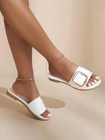 Flat Slipper Outdoor Fashionable Sandals With Metal Buckled One Band | SHEIN