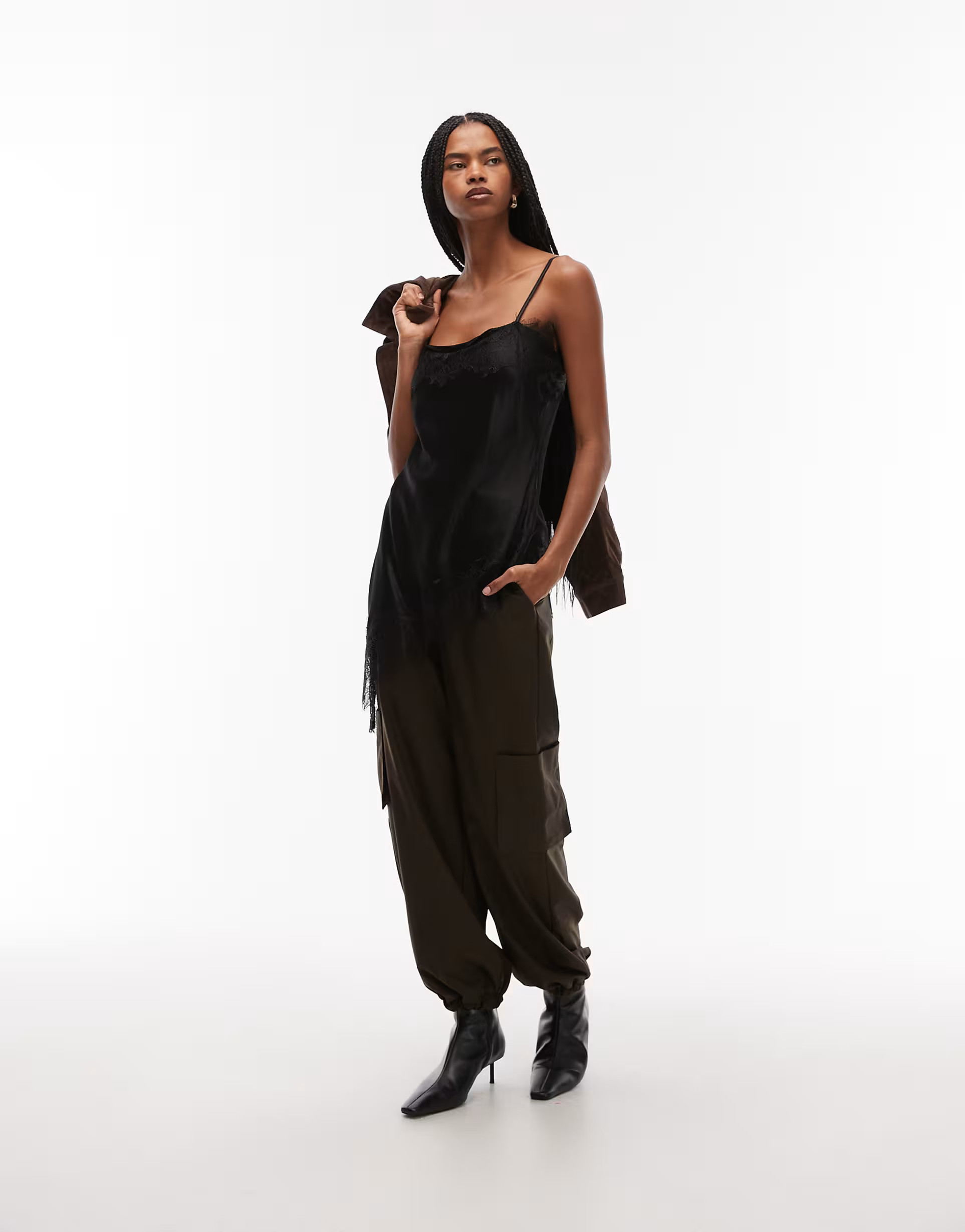 ASOS DESIGN satin lace trim asym cami top in black | ASOS (Global)