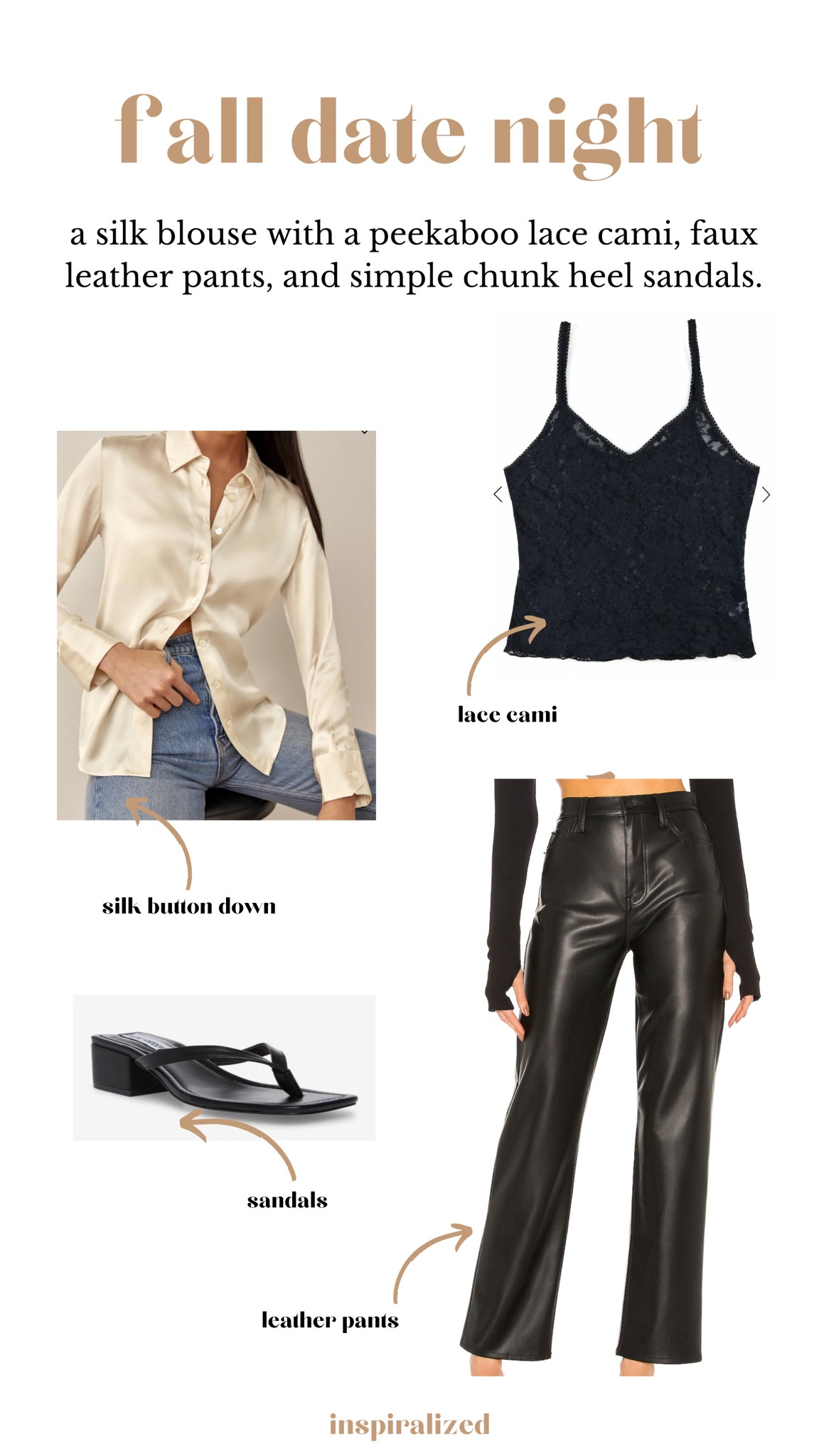 fall date night with faux leather pants, a simple silk blouse, and a peekaboo laci cami  