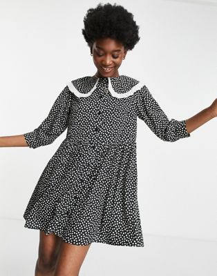 New Look contrast trim collar long sleeve mini smock dress in black pattern | ASOS (Global)