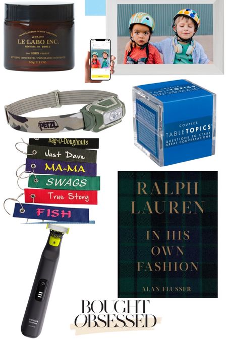 Last week’s bestseller: Guys & Gifts edition. Ralph Lauren coffee table book, Phillips Electric Razor, Personalized luggage tags, Table Topics card game, waterproof headlamp, HD smart digital picture frame, & Le Labo styling concrete.