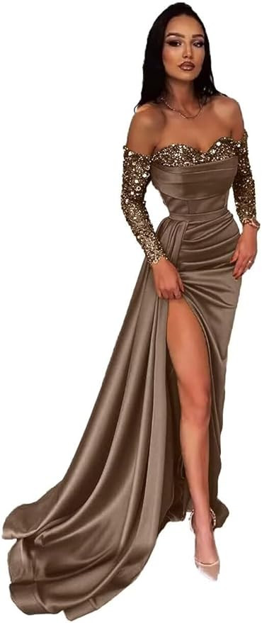 Long Sleeve Prom Dresses for Women 2024 Sparkly Sequin Formal Evening Gown Satin Mermaid Party Dr... | Amazon (US)