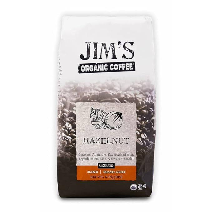 Jim’s Organic Coffee – Hazelnut, All Natural Flavored Blend – Light Roast, Ground Coffee, 1... | Amazon (US)