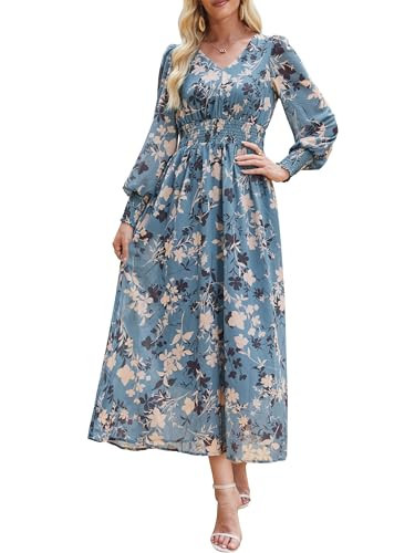ANRABESS Women's Long Sleeve Floral Maxi Dress Casual V Neck Chiffon Boho Flowy Beach Fall Wedding Guest Party Long Dresses Floral Blue Apricot Medium | Amazon (US)
