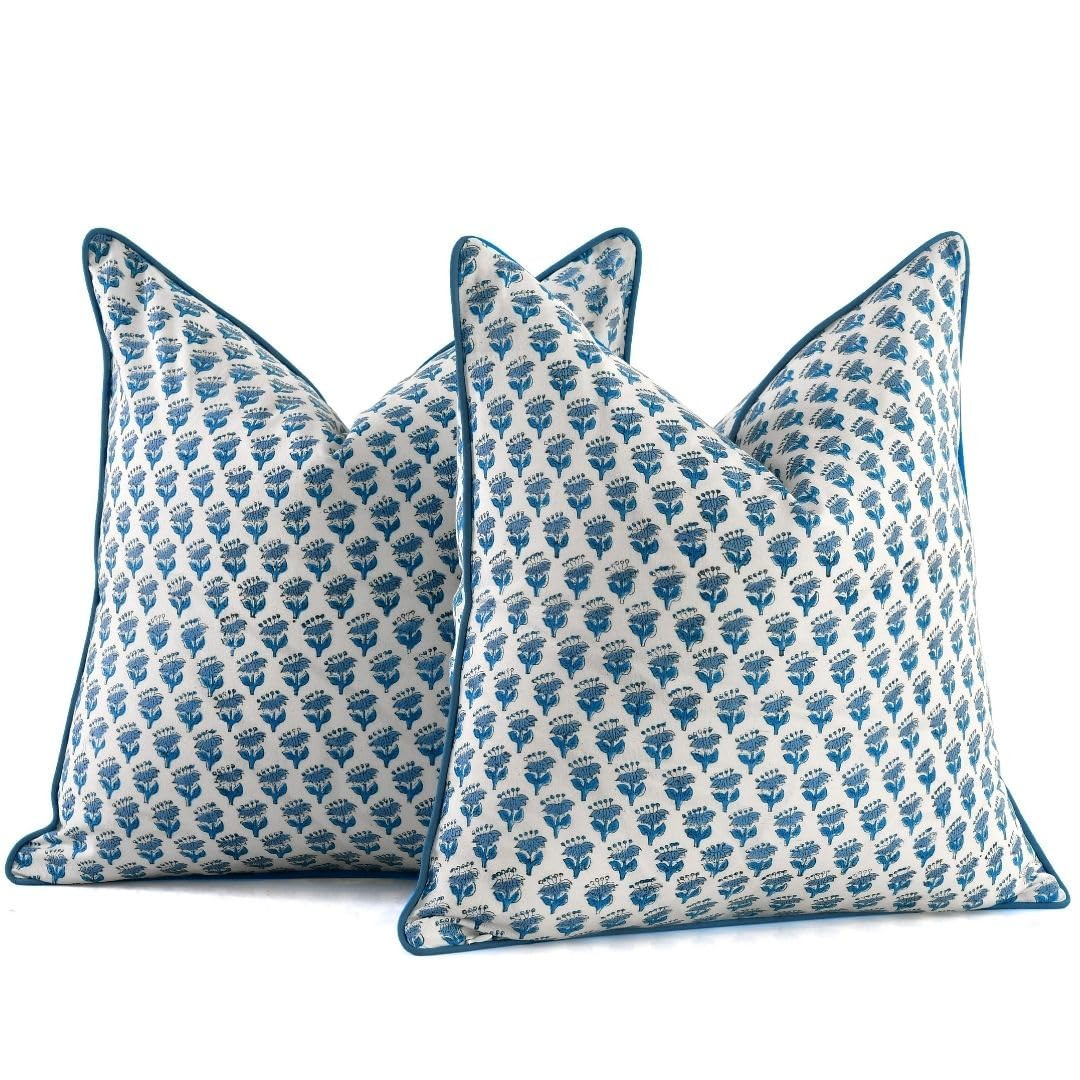CPC 100% Cotton Throw Pillow Covers 20x20 Inch, Set of 2 Blue Block Print Pattern Couch Pillow, C... | Amazon (US)
