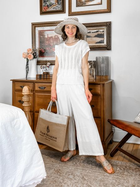 Amazon summer outfit!
Wearing size S sweater and pants from Amazon. Pants are lined. 
Size 6 Jack Rogers sandals. 
Petite outfit. Neutral outfit. Summer outfit. White outfit  

#LTKtravel #LTKfindsunder50 #LTKsalealert