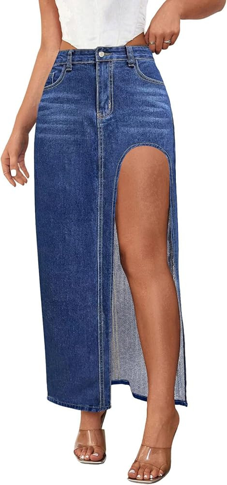 CHARTOU Women's Sexy High Split Slim Fit Maxi Long Pencil Denim Jean Skirt | Amazon (US)
