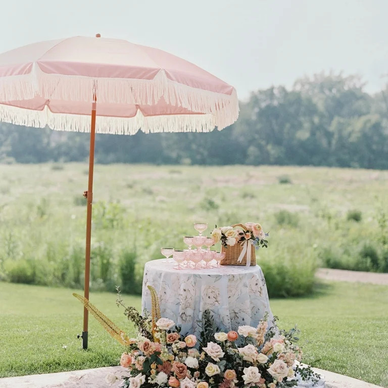 AMMSUN 7ft Patio Umbrella with Fringe Tassel Outdoor UPF50+ Shade Tilt Shelter,Pink | Walmart (US)