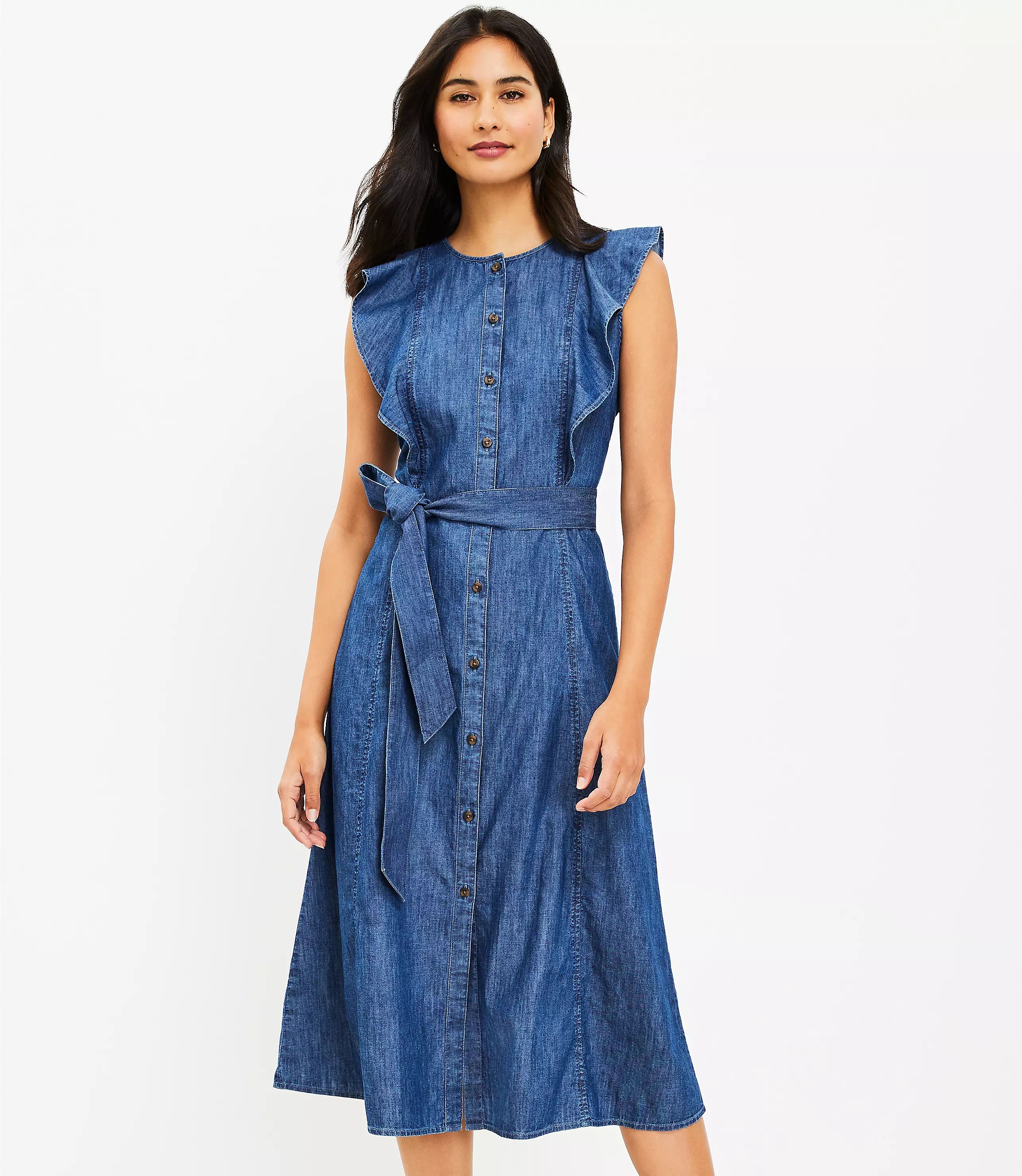 Petite Chambray Ruffle Button Midi Dress | LOFT