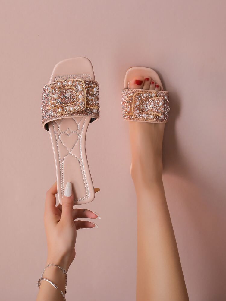 Faux Pearl & Rhinestone Decor Slide Sandals | SHEIN