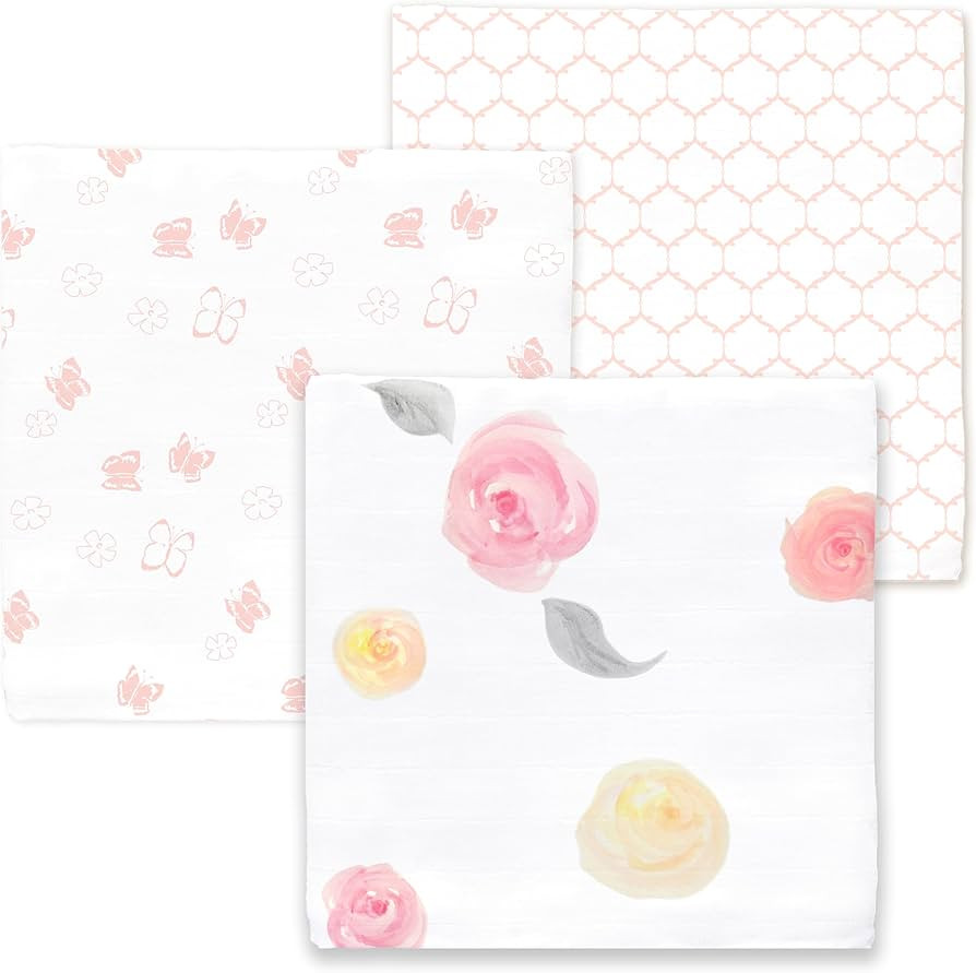 Amazing Baby Cotton Muslin Swaddle Blankets, Watercolor Roses, Pink, Pack of 3 | Amazon (US)