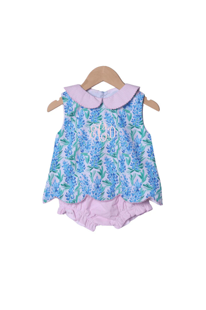 Pink Gingham Bluebonnet Scalloped Sun Bloomer Set | The Smocked Flamingo