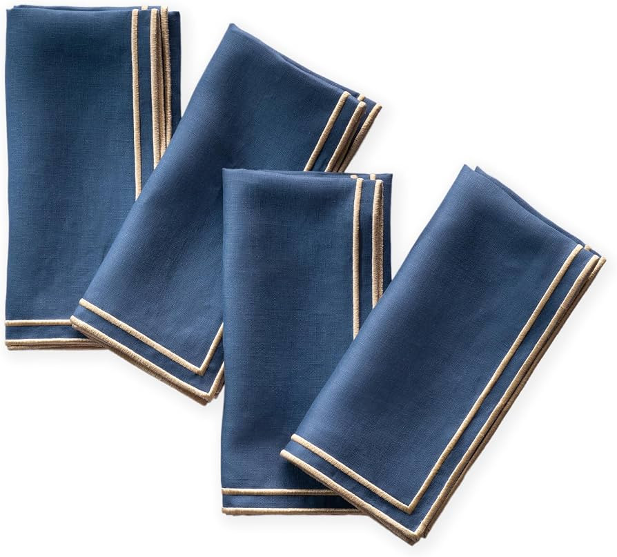 Linen Dinner Napkins Set of 4-100% Pure Linen Navy Blue Napkins with Embroidered Gold Edge 20 x 2... | Amazon (US)