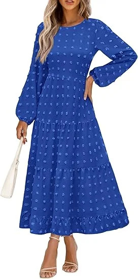 PRETTYGARDEN Women's Fall Spring Elegant Long Sleeve Maxi Dress Swiss Dot A Line Flowy Casual Hol... | Walmart (US)