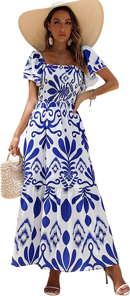 WDIRARA Women's Floral Print Flounce Ruffle Hem Short Sleeve Square Neck Dresses | Amazon (US)