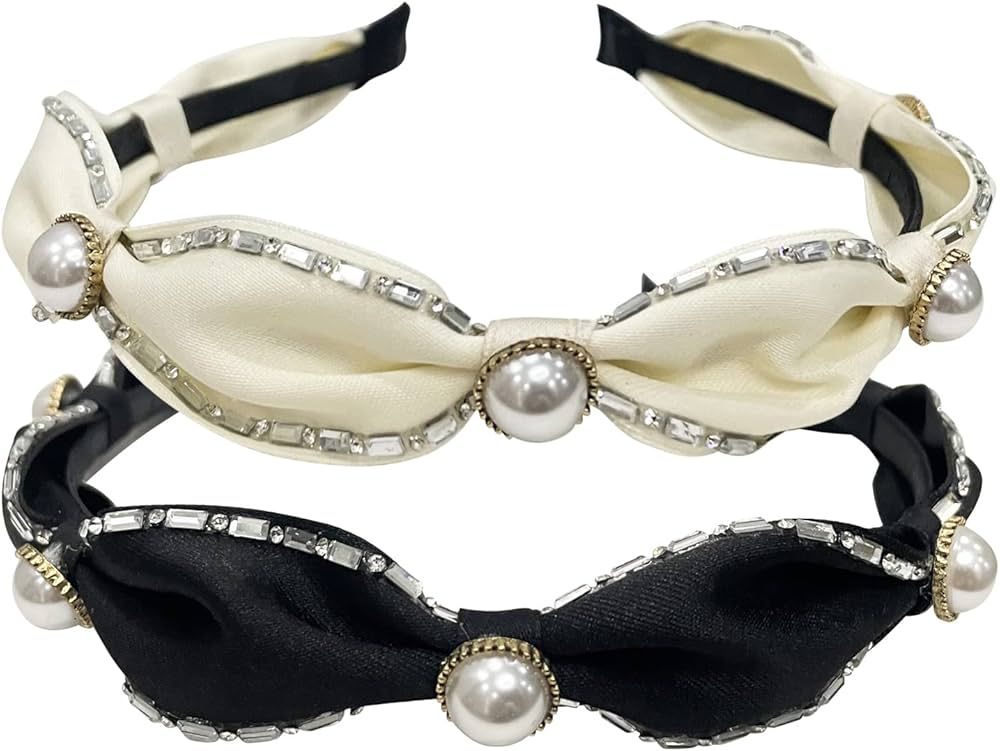 Jseng 2 Pack Fashion Rhinestone Crystal Headbands with Faux Pearl, Bling Diamond Pearl Headbands,... | Amazon (US)