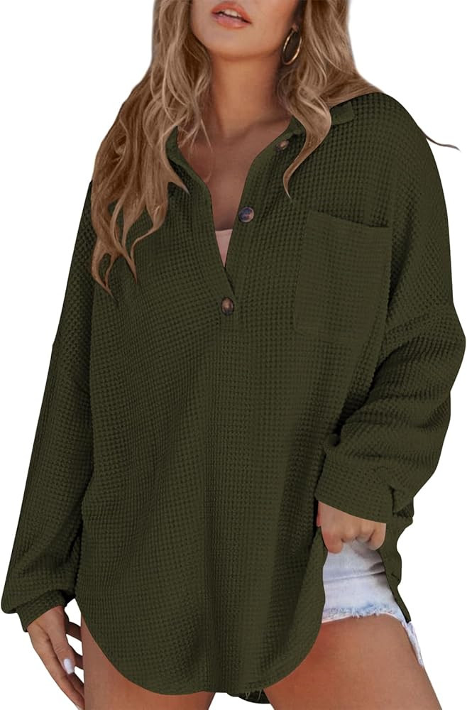 Poetsky Womens Waffle Knit Tops 2025 Oversized Long Sleeve Henley Shirts Fall Casual V Neck Loose... | Amazon (US)