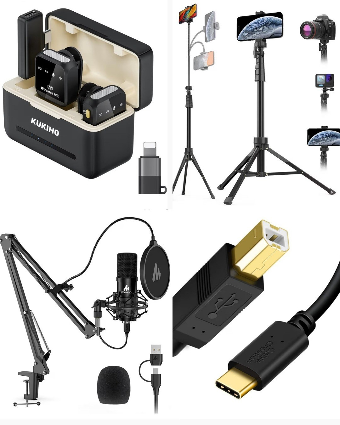 When it comes down to my equipment for my YouTube Channel, my sister and I'm podcast and my content, these are a few of my favorite things - Tech Edition! 1. Wireless Lavalier Microphone for iPhone iPad Android With Charging Case 80h Battery Life, Noise Cancellation, 164ft Range Plug-Play Clip On Lapel Mic for Youtube, Video Recording, Vlog, Live Streaming2. Aureday 88’’ Flexible Phone Tripod with 14.95’’ Gooseneck, Remote and Phone Holder, Overhead Cell Phone Stand＆Selfie Stick for Video Recording, Compatible with iPhone Android Phone, Camera3. USB Microphone, MAONO 192KHZ/24Bit Plug & Play PC Computer Podcast Condenser Cardioid Metal Mic Kit with Professional Sound Chipset for Recording, Gaming, Singing, YouTube (AU-A04)4. CableCreation USB B to USB C Printer Cable 6.6FT, Type B to Type C Printer Cord for MacBook Pro, Air, MIDI Cable for Yamaha Casio Digital Piano, MIDI Keyboard, DJ Controller, DAC to iPad - 2M, Black - an extra cord for my USB mic 🙂‍↕️! 

#LTKvlog #LTKdayinmylife