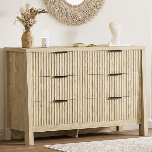LIKIMIO Fluted 6 Drawers Dresser for Bedroom, 47" Wide Modern Chest of Drawers with Metal Handle, Wooden Dresser Storage Organizer for Living Room, Entryway, Hallway, Natural Oak | Amazon (US)