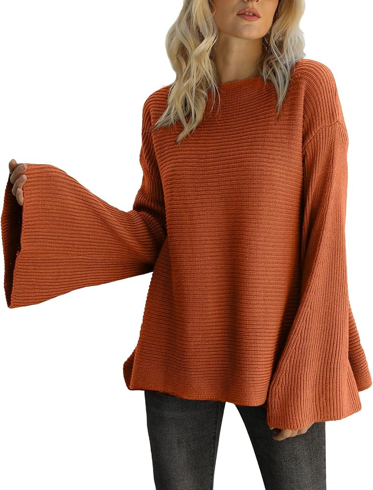 CHERFLY Women's Bell Sleeve Sweater Loose Fit Knitted Pullover Lightweight Knitwear | Amazon (US)