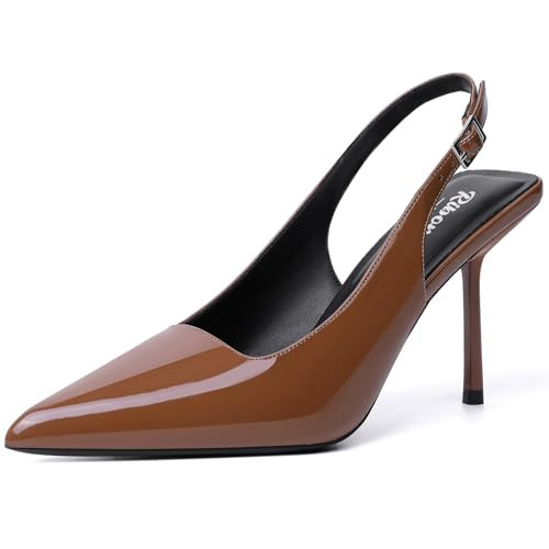 RIBONGZ Brown Elegant Dressy Heels for Women Closed Toe Pointy High Heels Sexy Slingback Pumps Wedding Bride Kitten Heels Prom Party Evening Shoes 7.5 | Amazon (US)