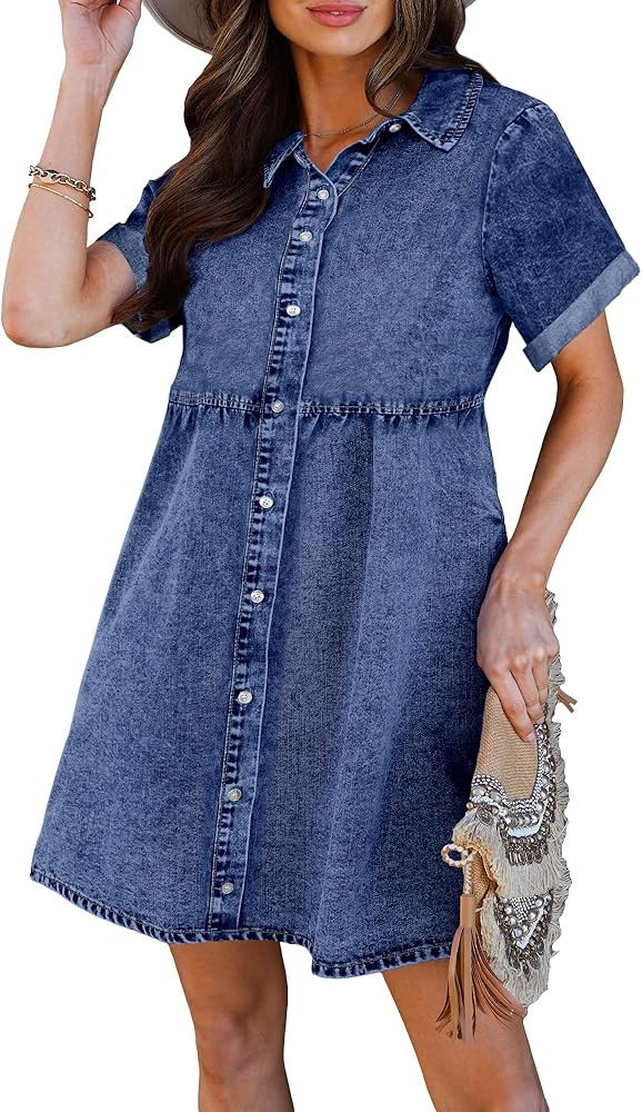 luvamia Women's Casual Short Sleeve Button Down Tiered Denim Babydoll Jean Dress | Amazon (US)