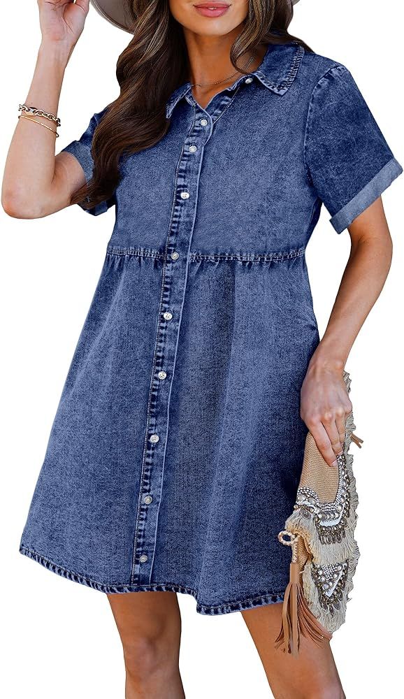 luvamia Women's Casual Short Sleeve Button Down Tiered Denim Babydoll Jean Dress | Amazon (US)