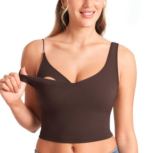MOMANDA Women's Nursing Bras Longline Sports Breastfeeding V Neck Sleeveless Crop Tank Top with Built in Bra Hot Fudge Brown X-Small | Amazon (US)