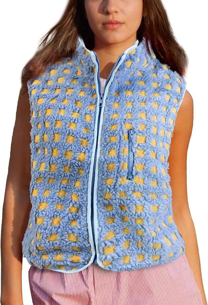 Womens Checkered Sherpa Vest Sleeveless Winter Fleece Jacket High Neck Zip Up Plaid Gilet with Ch... | Amazon (US)