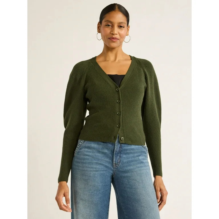Scoop Women's Puff Sleeve Cardigan Sweater, Lightweight, Sizes XS-XXL | Walmart (US)