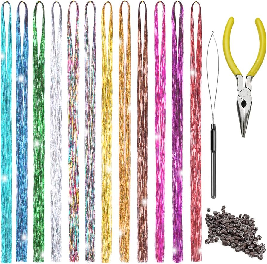 Hair Tinsel Kit 12 Colors Hair Extensions 48 Inches 2500 Strands Sparkling Tinsel for Christmas N... | Amazon (US)