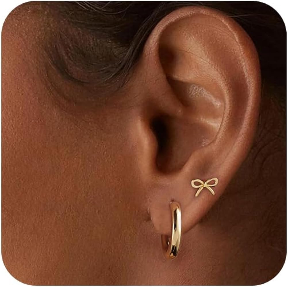 CAROVO Dainty 14K Gold Earring Sets Tiny Cartilage Bow Butterfly CZ Stud Small Chunky Open Hoop E... | Amazon (US)
