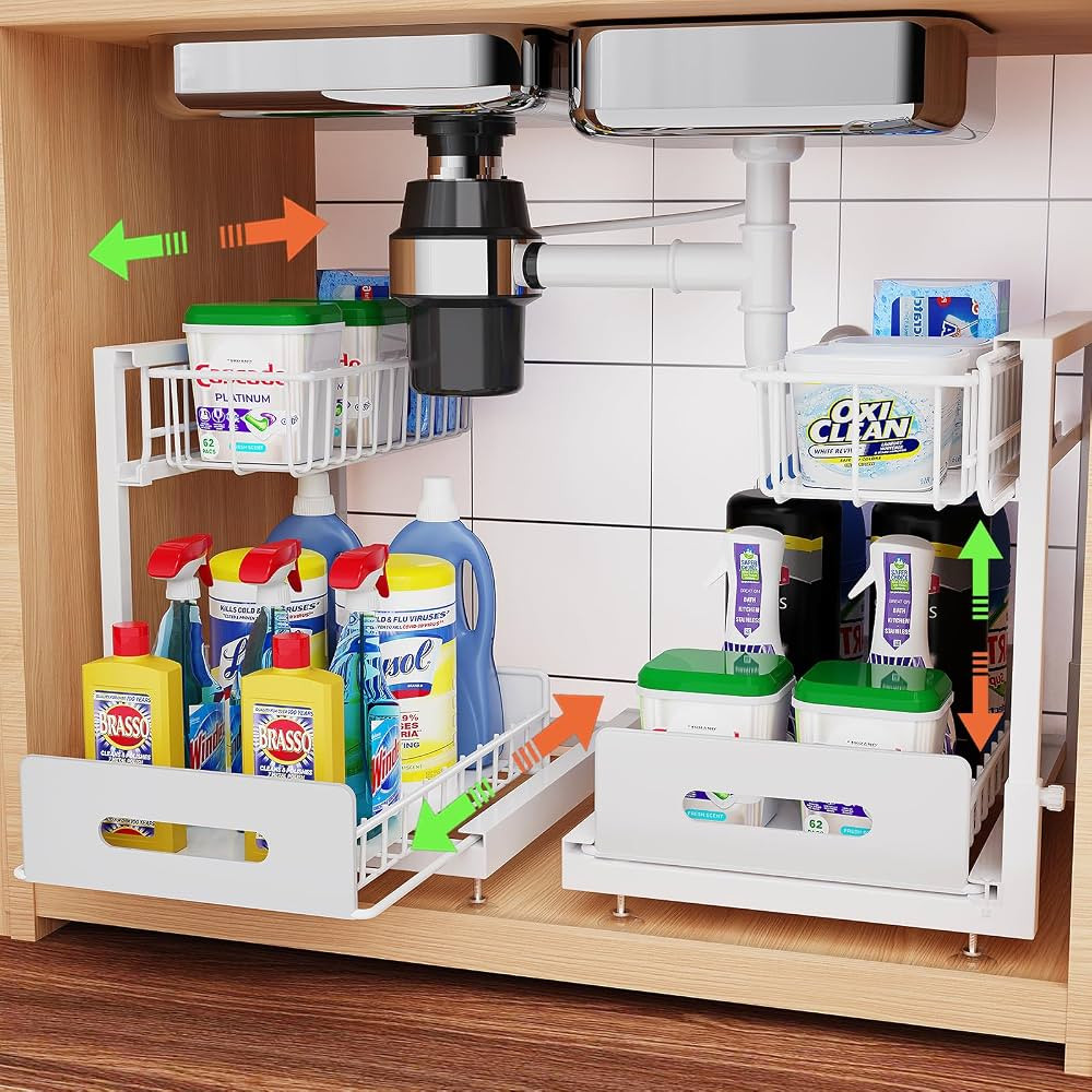 2 Pack Under Sink Organizer, Pull Out Cabinet Organizer 2 Tier Slide Out Sink Basket Drawer Sink ... | Amazon (US)