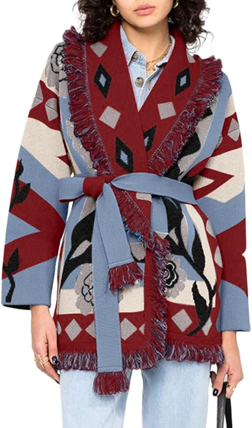 CHARTOU Women Boho Floral Belted Warp Cardigan Fall Winter Open Front Jacket Coat with Fringe Tri... | Amazon (US)