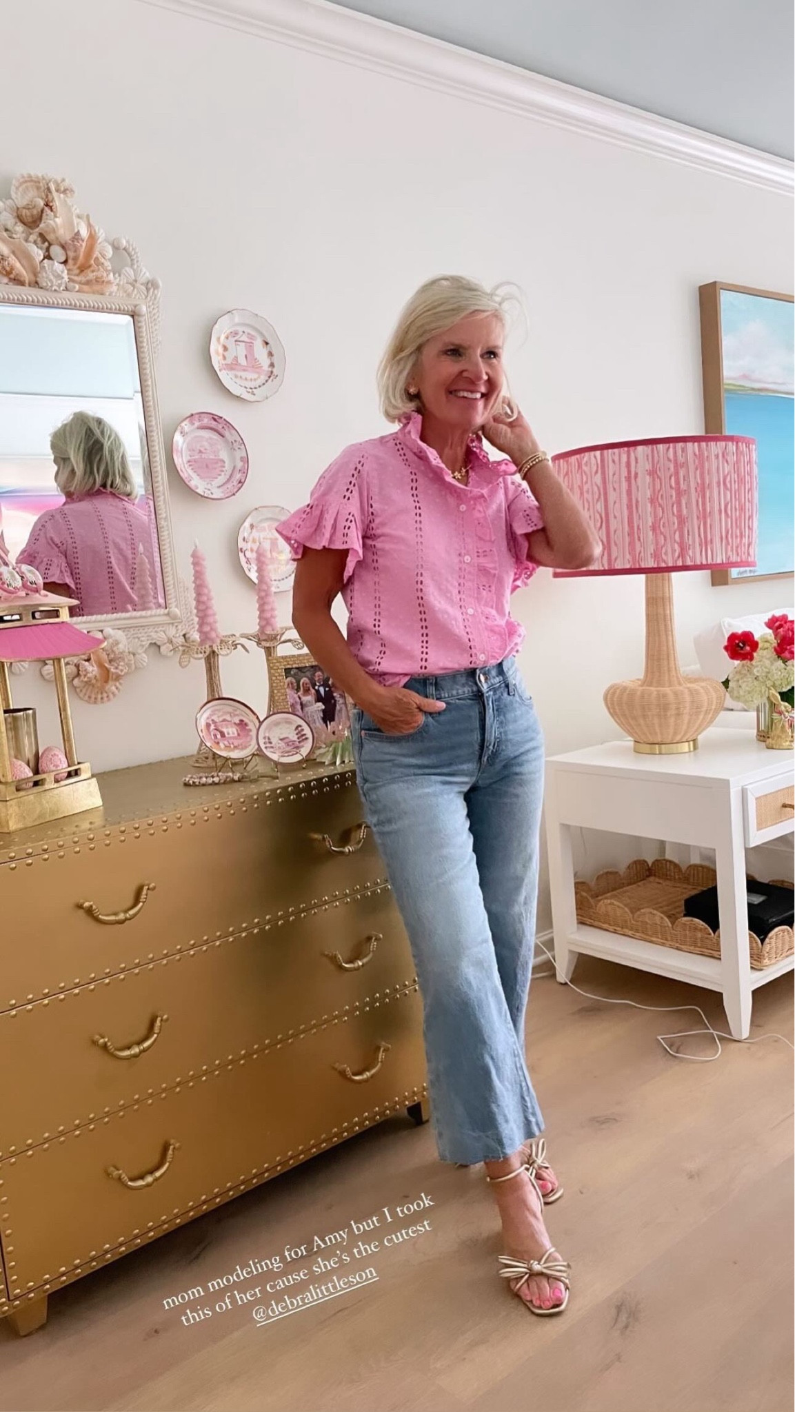 Mom went true to size in both the pink eyelet top and the wide leg jeans!! She’s in the petite length of the jeans and is 5’3” 💓 

#LTKSeasonal #LTKover40 #LTKstyletip