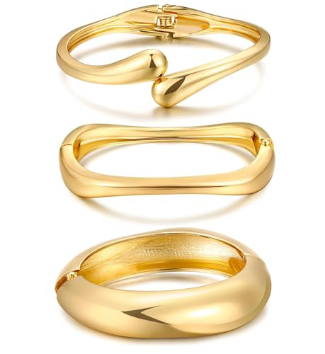 Chunky Gold Bangle Bracelets for Women, Dainty 14k Gold Plated Big Stackable Bangles Set, Trendy ... | Amazon (US)