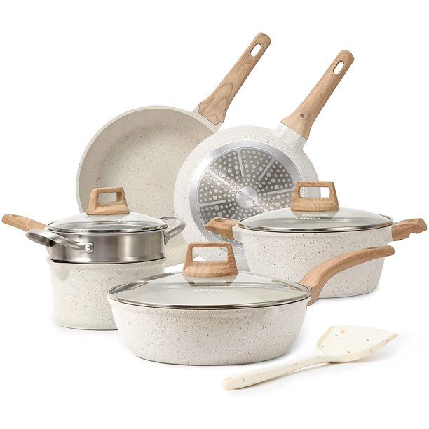 Carote Non-stick Granite Cookware Sets,10 Pcs Frying Pan and Pot Set-White Granite | Walmart (US)