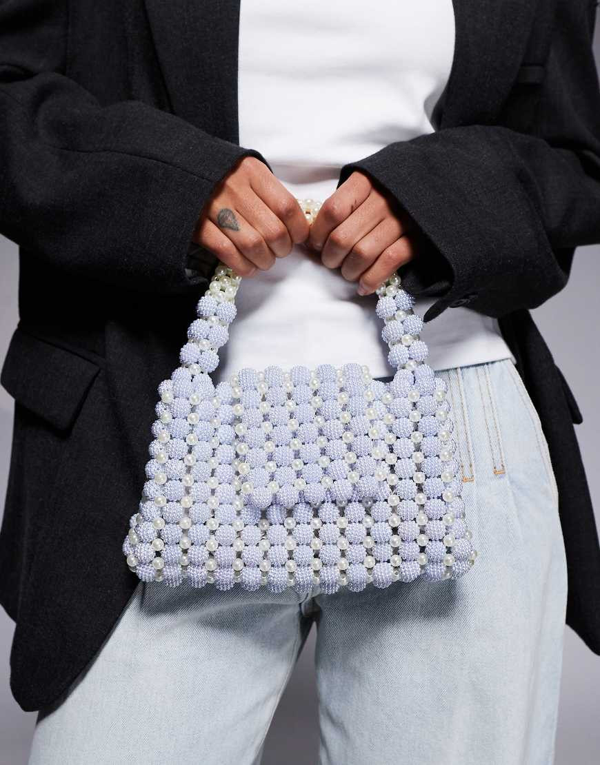 River Island beaded faux pearl clutch purse in light blue | ASOS (Global)
