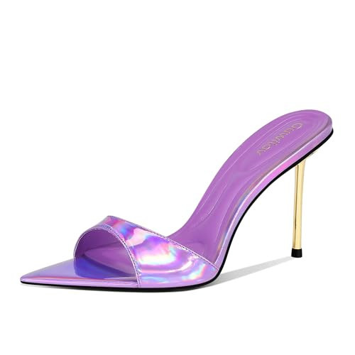 Ouwilov Purple Mule Heels for Women Slip On Pointed Toe 9.5cm Gold Metal Stiletto Shiny Holographic Patent Dress Shoes for Party Wedding Holiday Outfits Stylish Comfortable Footwear | Amazon (US)