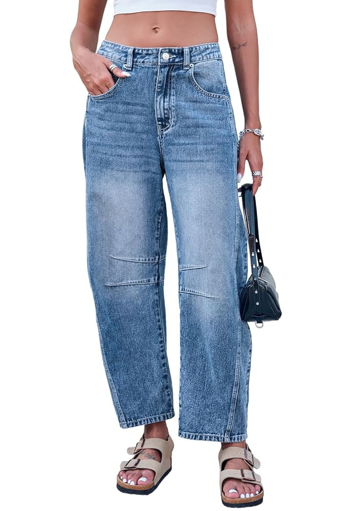 Mid Rise Barrel Jeans for Women Wide Leg Mid Waist Cropped Denim Pants Y2k Baggy Boyfriend Jeans ... | Amazon (US)