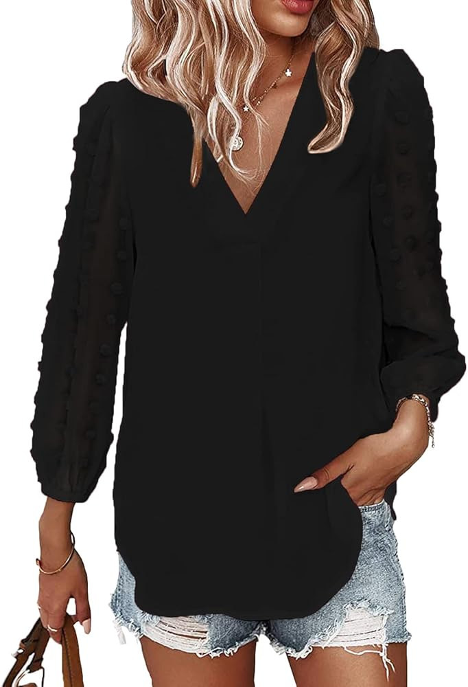 Samefar Women's Long Sleeve Pom Pom Top V Neck Pleated Shirts Casual Loose Chiffon Blouse | Amazon (US)